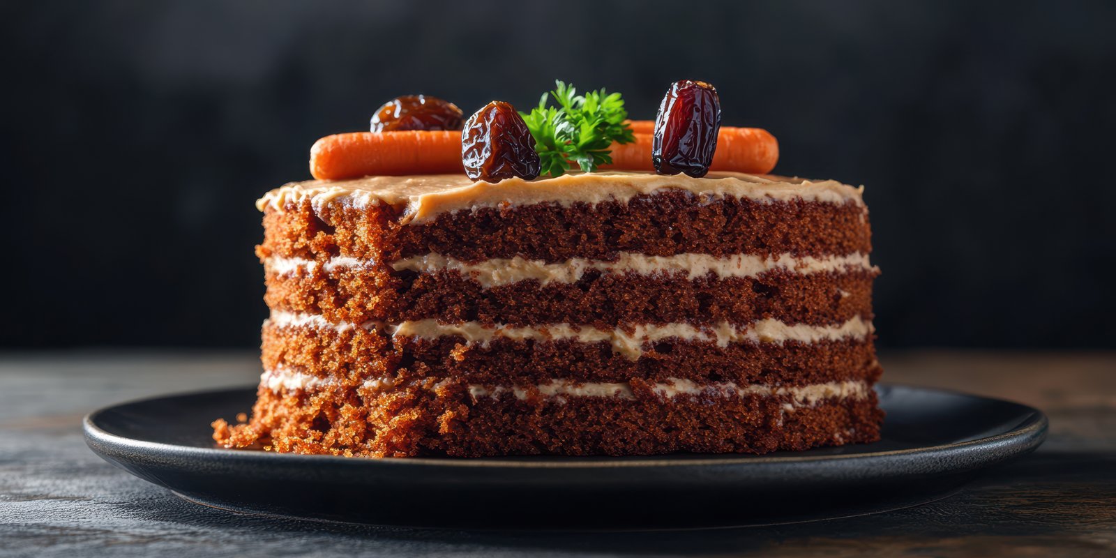 Moist carrot cake with cream cheese frosting and decorative toppings served on a black plate